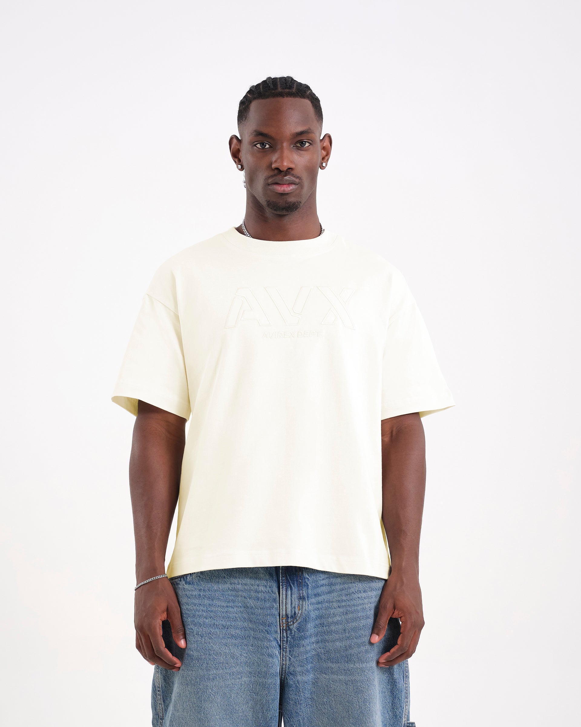 デビット　アビレックス Men's Off White Oversized Short Sleeve T-Shirt | Velocity Tee