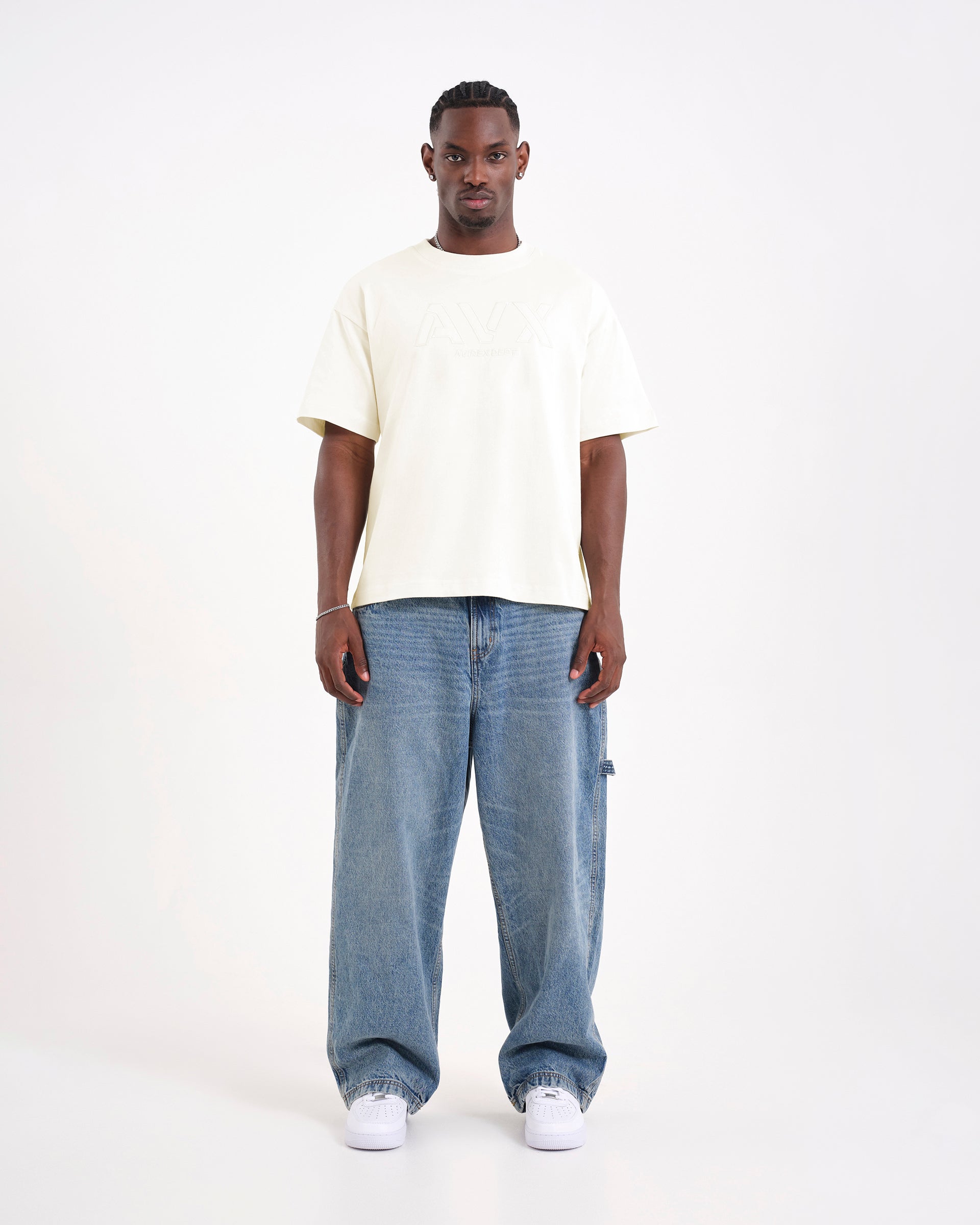 デビット　アビレックス Men's Off White Oversized Short Sleeve T-Shirt | Velocity Tee
